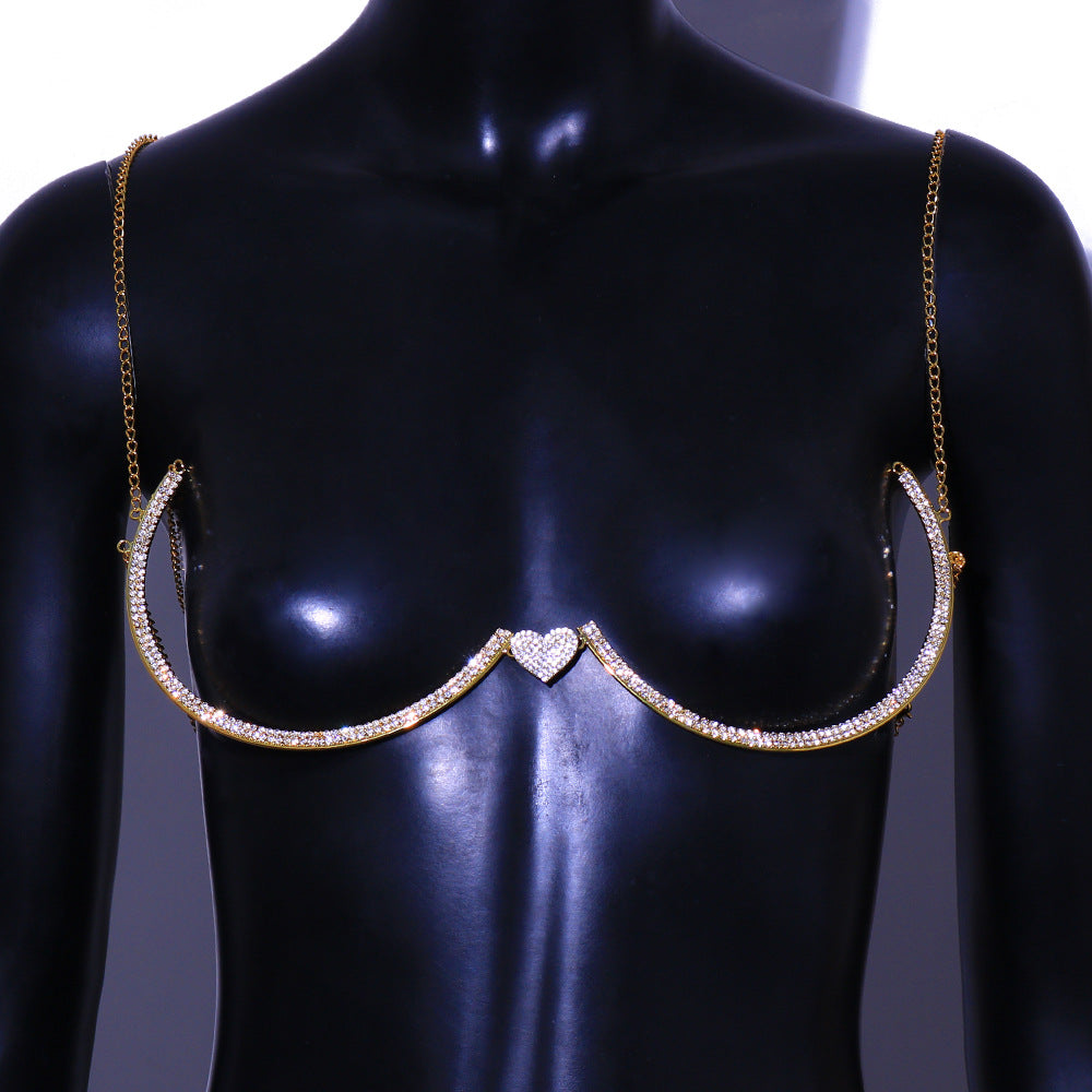 Simple Style Silver Alloy Body Chain For Women With White Crystal Inlay Featuring Heart Shape Design