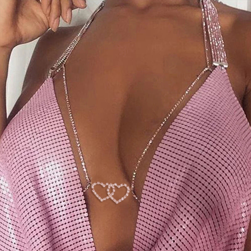 Silver Alloy Body Chain For Women Featuring Heart Shape White Crystal Inlay, Perfect For Nightclub Wear