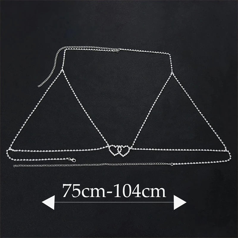 Silver Alloy Body Chain For Women Featuring Heart Shape White Crystal Inlay, Perfect For Nightclub Wear