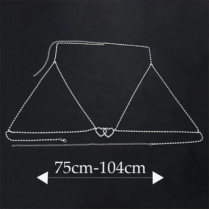 Silver Alloy Body Chain For Women Featuring Heart Shape White Crystal Inlay, Perfect For Nightclub Wear