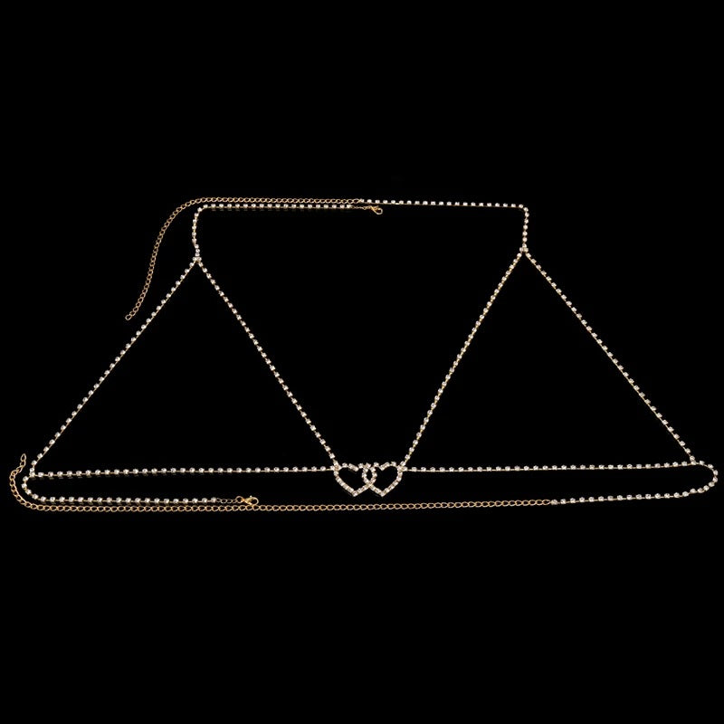 Silver Alloy Body Chain For Women Featuring Heart Shape White Crystal Inlay, Perfect For Nightclub Wear