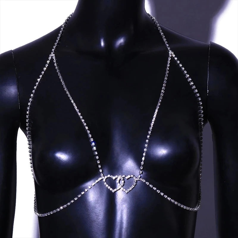 Silver Alloy Body Chain For Women Featuring Heart Shape White Crystal Inlay, Perfect For Nightclub Wear
