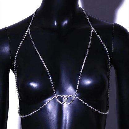 Silver Alloy Body Chain For Women Featuring Heart Shape White Crystal Inlay, Perfect For Nightclub Wear