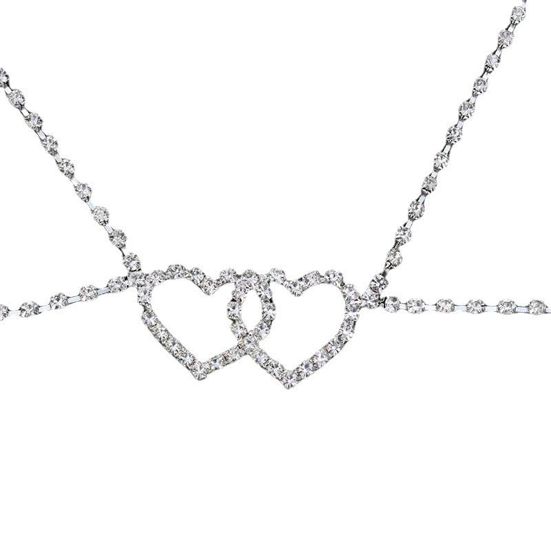 Silver Alloy Body Chain For Women Featuring Heart Shape White Crystal Inlay, Perfect For Nightclub Wear