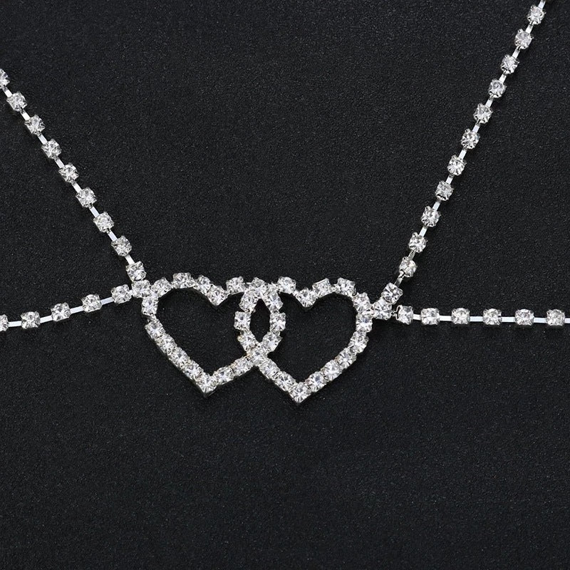 Silver Alloy Body Chain For Women Featuring Heart Shape White Crystal Inlay, Perfect For Nightclub Wear