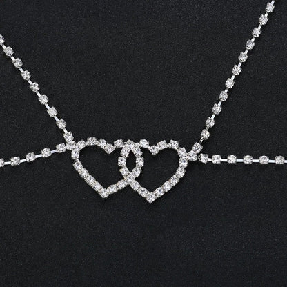 Silver Alloy Body Chain For Women Featuring Heart Shape White Crystal Inlay, Perfect For Nightclub Wear