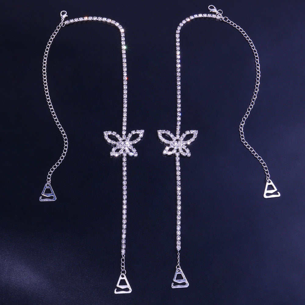 Women’s Silver Alloy Body Chain With White Crystal Inlay Featuring Butterfly Design, Elegant Chest Jewelry For Wedding