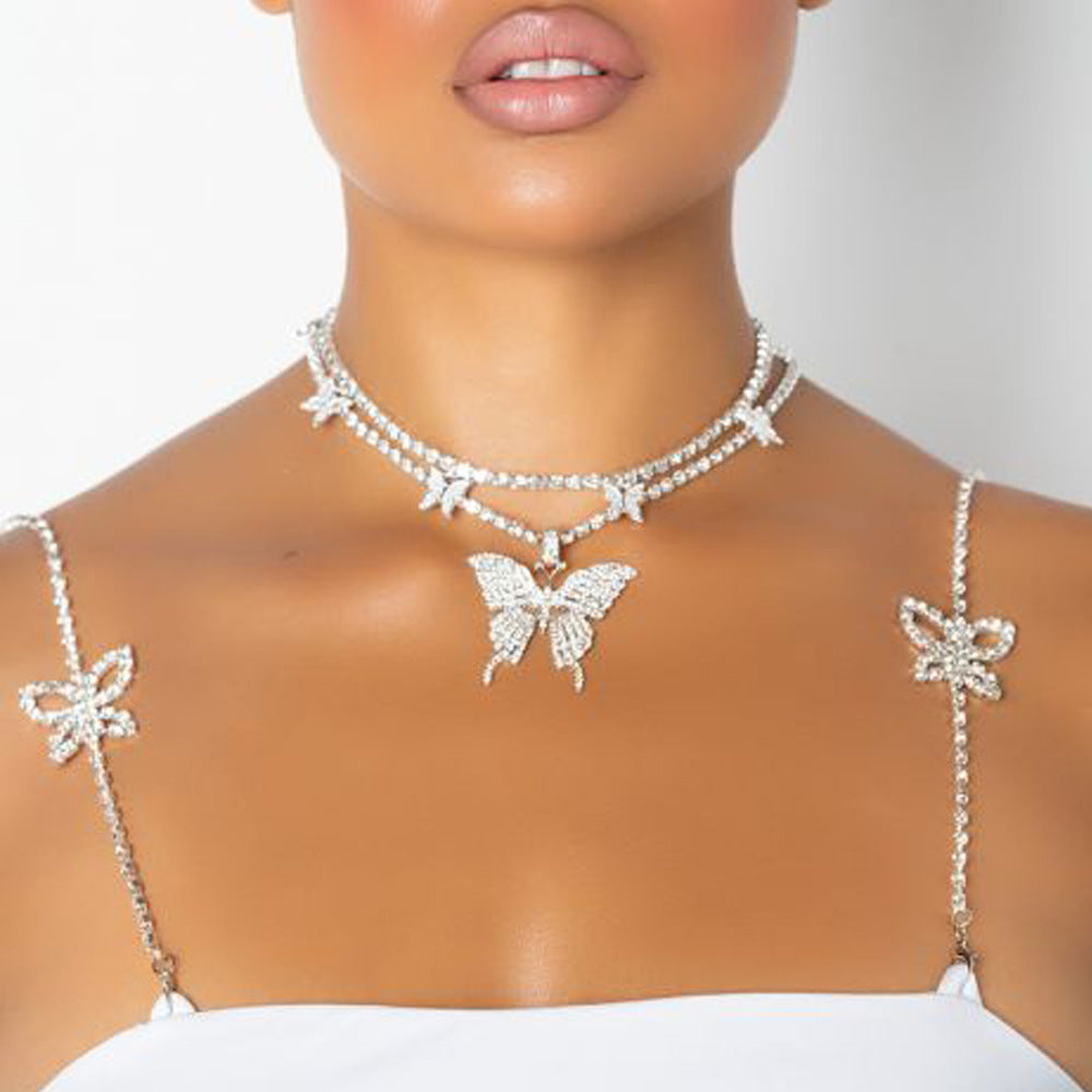 Women’s Silver Alloy Body Chain With White Crystal Inlay Featuring Butterfly Design, Elegant Chest Jewelry For Wedding