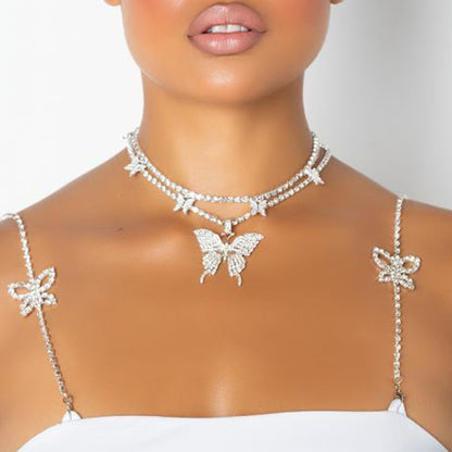 Women’s Silver Alloy Body Chain With White Crystal Inlay Featuring Butterfly Design, Elegant Chest Jewelry For Wedding