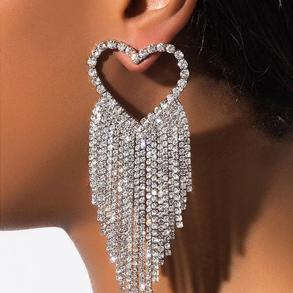 Heart Shape Tassel Earrings In Silver Alloy With Rhinestone Inlay Featuring Electroplated Finish