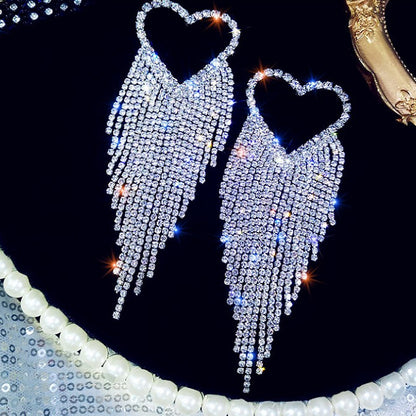 Heart Shape Tassel Earrings In Silver Alloy With Rhinestone Inlay Featuring Electroplated Finish