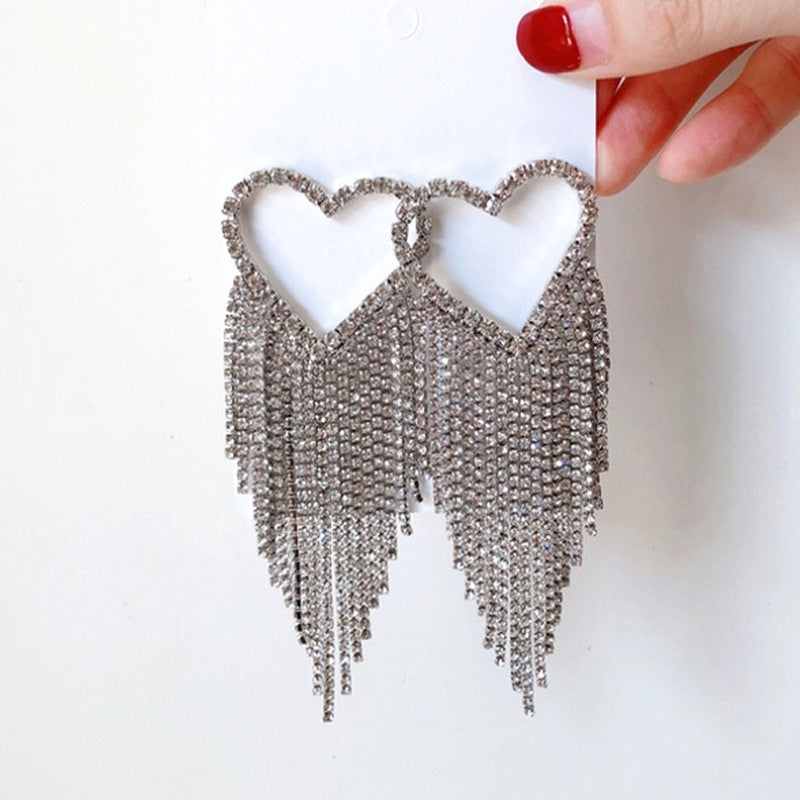 Heart Shape Tassel Earrings In Silver Alloy With Rhinestone Inlay Featuring Electroplated Finish