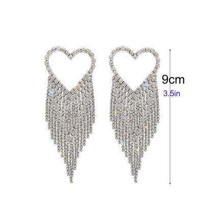 Heart Shape Tassel Earrings In Silver Alloy With Rhinestone Inlay Featuring Electroplated Finish