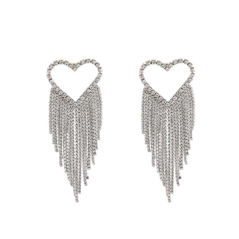 Heart Shape Tassel Earrings In Silver Alloy With Rhinestone Inlay Featuring Electroplated Finish