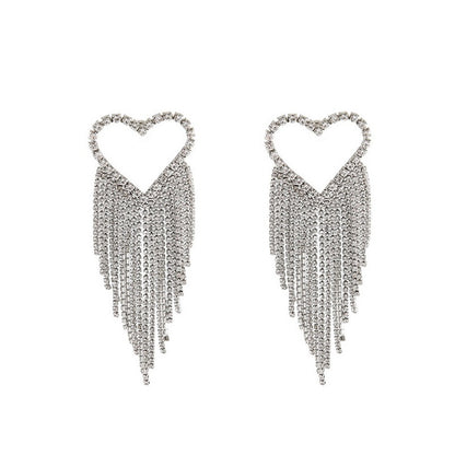 Heart Shape Tassel Earrings In Silver Alloy With Rhinestone Inlay Featuring Electroplated Finish