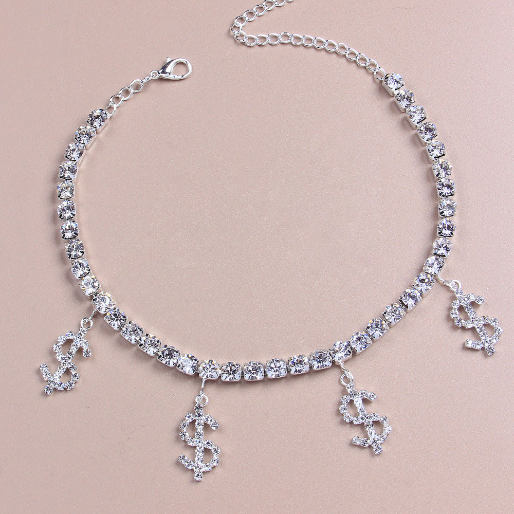 Gold Alloy Women's Anklet With Dollar Pattern And Rhinestone Inlay, Perfect For Beach Wear