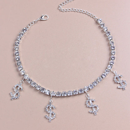 Gold Alloy Women's Anklet With Dollar Pattern And Rhinestone Inlay, Perfect For Beach Wear