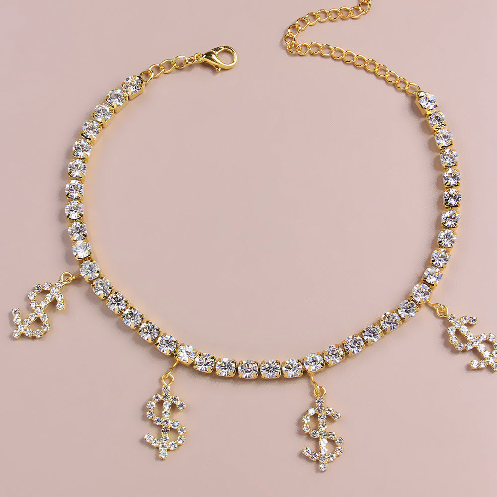 Gold Alloy Women's Anklet With Dollar Pattern And Rhinestone Inlay, Perfect For Beach Wear