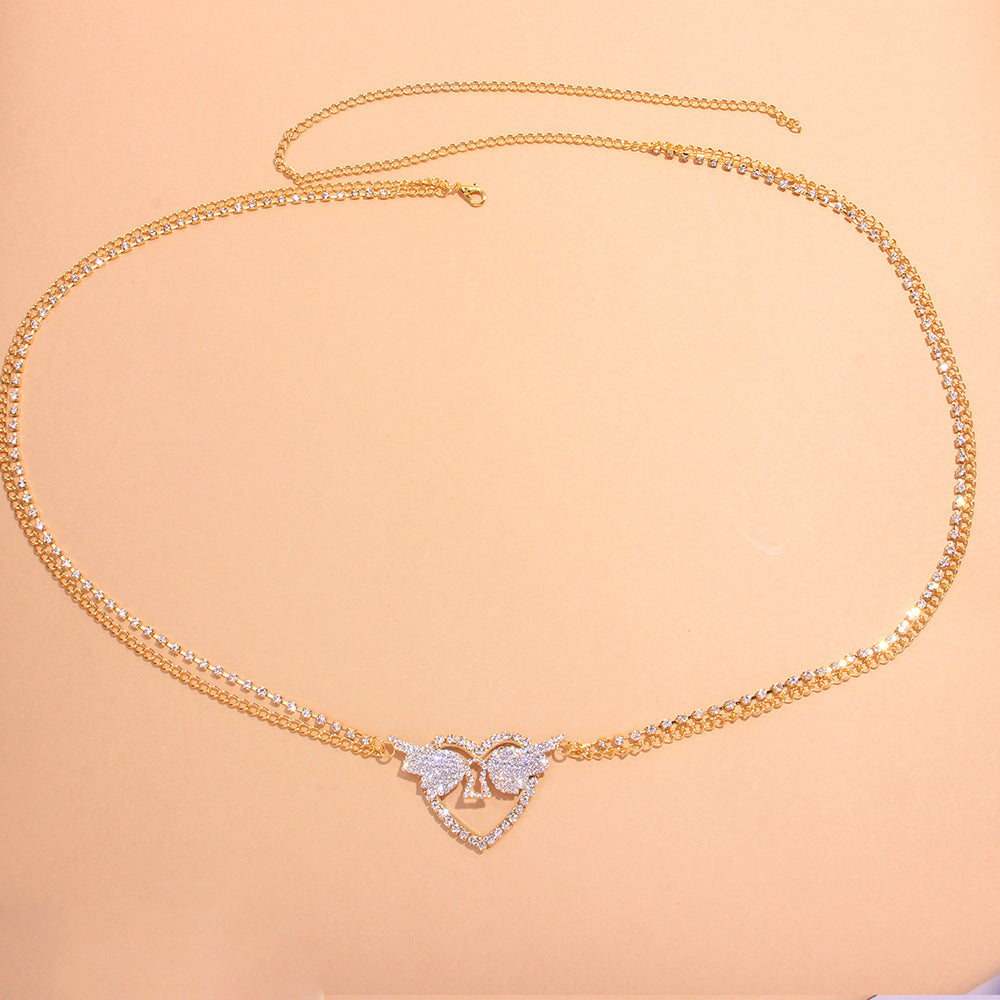 Gold Alloy Women’s Waist Chain In Ethnic Style With Wings Pattern And Electroplated Finish, Featuring Rhinestones
