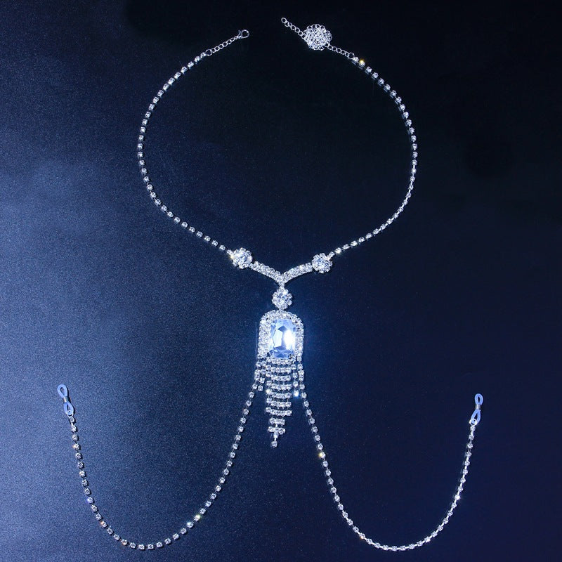 Ethnic Style Silver Alloy Body Chain For Women With White Crystal Inlay And Crystal Tassel Detail