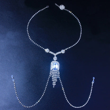 Ethnic Style Silver Alloy Body Chain For Women With White Crystal Inlay And Crystal Tassel Detail