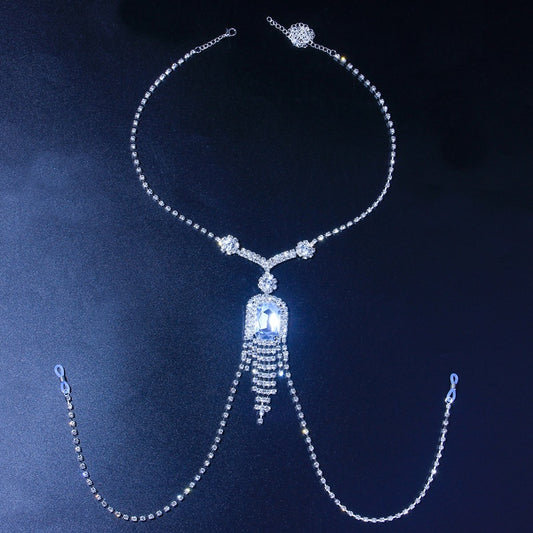 Ethnic Style Silver Alloy Body Chain For Women With White Crystal Inlay And Crystal Tassel Detail