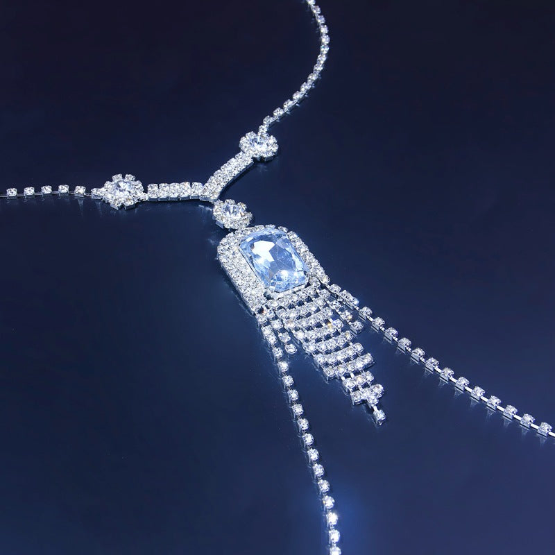 Ethnic Style Silver Alloy Body Chain For Women With White Crystal Inlay And Crystal Tassel Detail