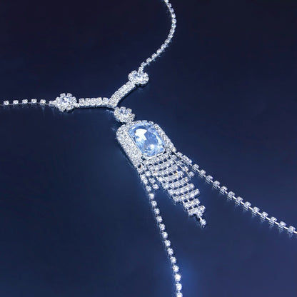 Ethnic Style Silver Alloy Body Chain For Women With White Crystal Inlay And Crystal Tassel Detail