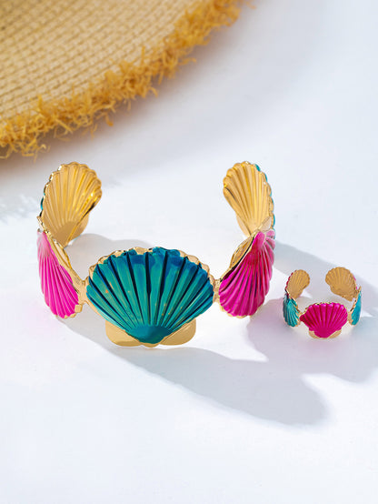 Women’s Marine Style Jewelry Set Featuring Shell Pattern With KC Golden Plated Alloy And Enamel Craftsmanship, 0.03µm Coating