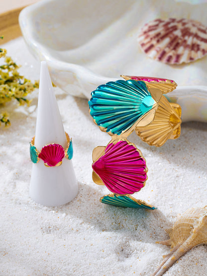 Women’s Marine Style Jewelry Set Featuring Shell Pattern With KC Golden Plated Alloy And Enamel Craftsmanship, 0.03µm Coating