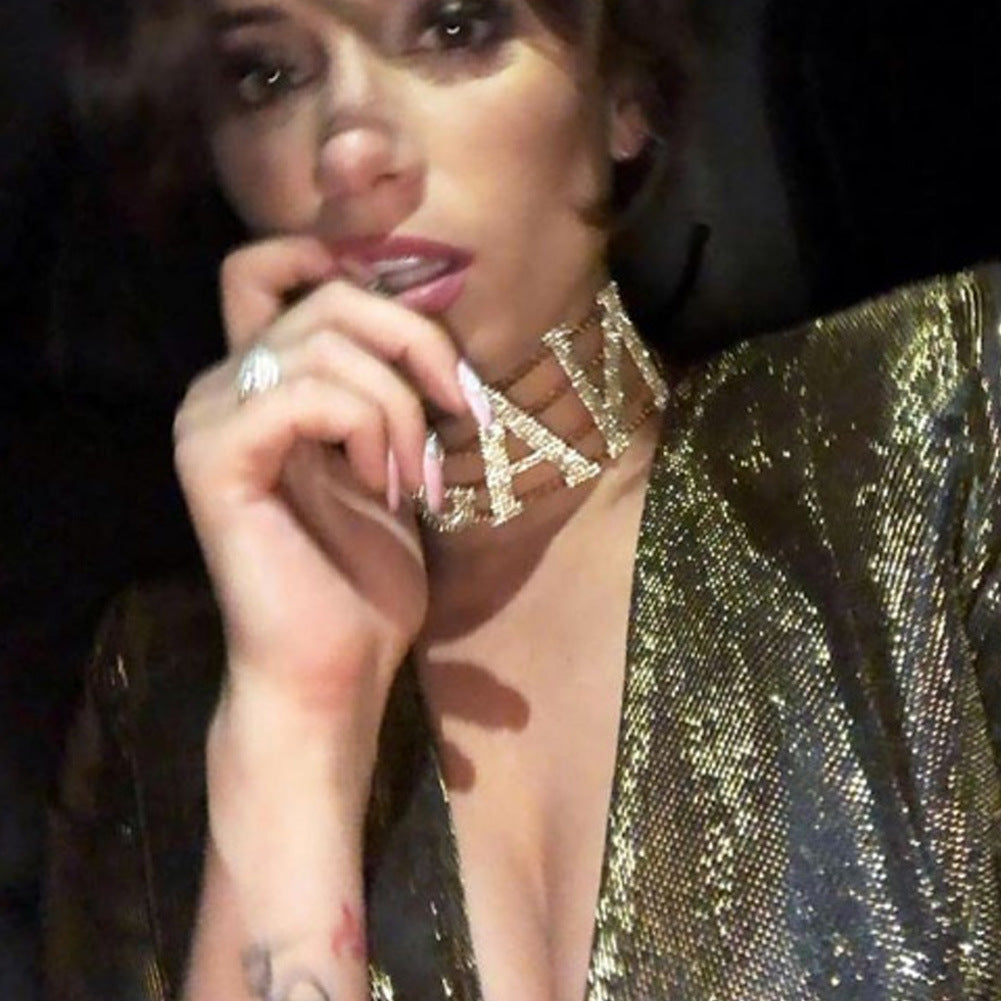 Gold Letter Choker Necklace In Hip-Hop Style With Rhinestones Pendant And Slider Chain