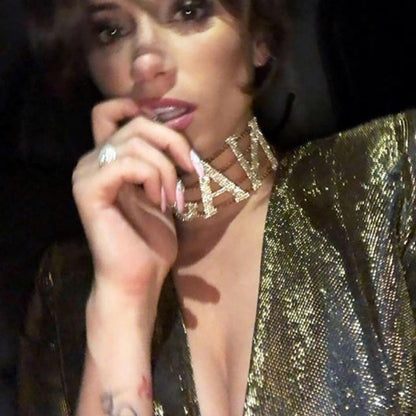 Gold Letter Choker Necklace In Hip-Hop Style With Rhinestones Pendant And Slider Chain