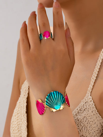 Women’s Marine Style Jewelry Set Featuring Shell Pattern With KC Golden Plated Alloy And Enamel Craftsmanship, 0.03µm Coating