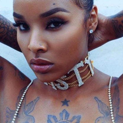 Gold Letter Choker Necklace In Hip-Hop Style With Rhinestones Pendant And Slider Chain