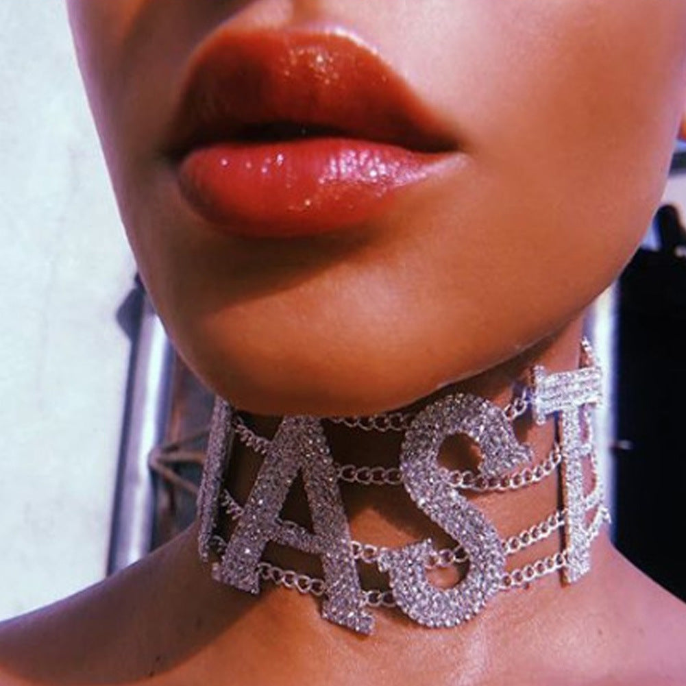 Gold Letter Choker Necklace In Hip-Hop Style With Rhinestones Pendant And Slider Chain