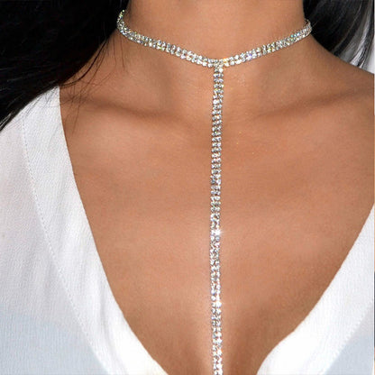 Sparkly Gold Long Necklace With Rhinestones Tassel Pendant And Tennis Chain In Simple Style