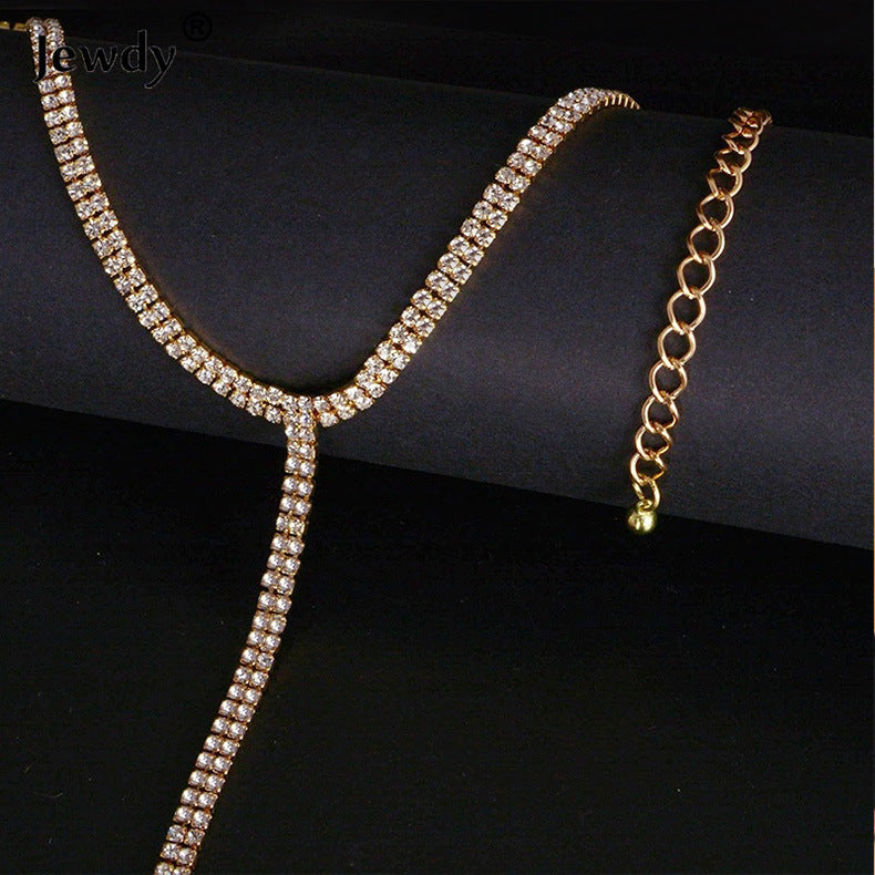Sparkly Gold Long Necklace With Rhinestones Tassel Pendant And Tennis Chain In Simple Style