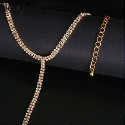 Sparkly Gold Long Necklace With Rhinestones Tassel Pendant And Tennis Chain In Simple Style
