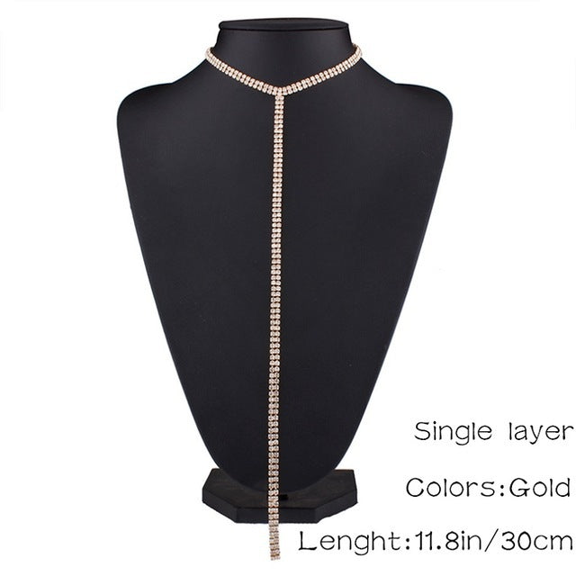 Sparkly Gold Long Necklace With Rhinestones Tassel Pendant And Tennis Chain In Simple Style