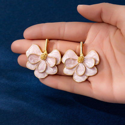 Natural Pink Flowers Earrings For Women Featuring Enamel Craft And Real Gold Plated Zinc Alloy Stud Earrings