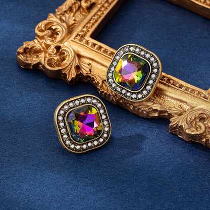 Retro Square Stud Earrings For Women In Green Metal With Rhinestones Featuring Electroplated Finish