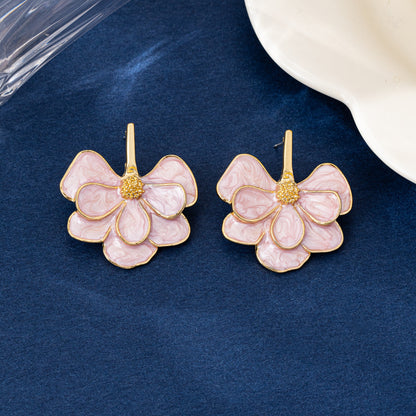 Natural Pink Flowers Earrings For Women Featuring Enamel Craft And Real Gold Plated Zinc Alloy Stud Earrings