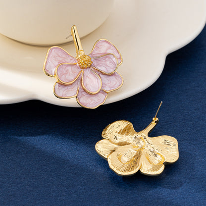 Natural Pink Flowers Earrings For Women Featuring Enamel Craft And Real Gold Plated Zinc Alloy Stud Earrings