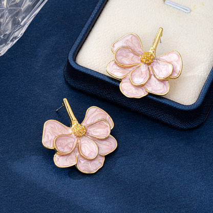 Natural Pink Flowers Earrings For Women Featuring Enamel Craft And Real Gold Plated Zinc Alloy Stud Earrings