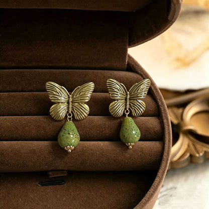 Butterfly Stud Earrings For Women In Brown With Natural Stone Inlay, Featuring 925 Sterling Silver Posts And Zinc Alloy Design