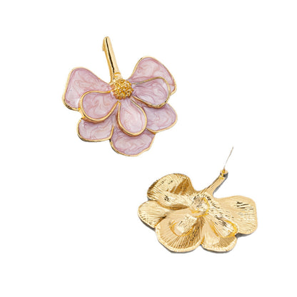 Natural Pink Flowers Earrings For Women Featuring Enamel Craft And Real Gold Plated Zinc Alloy Stud Earrings