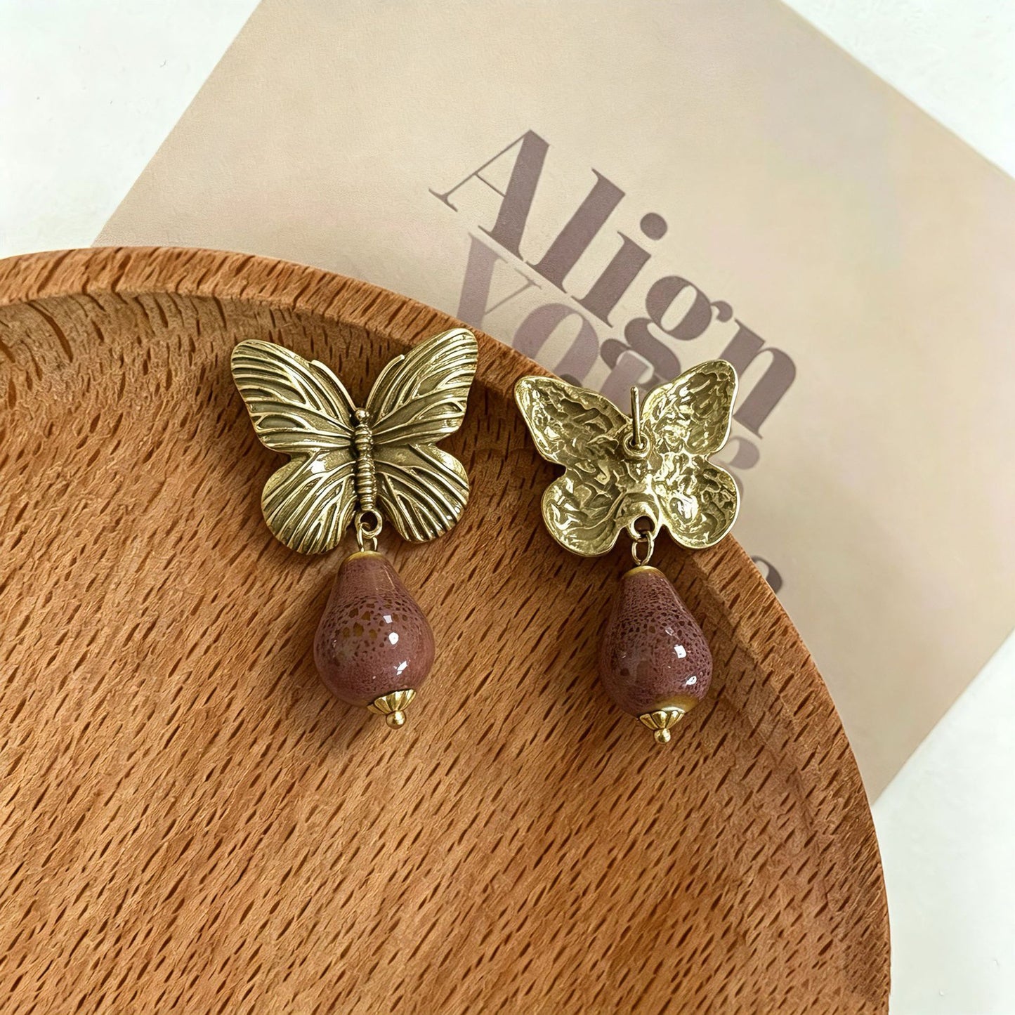 Butterfly Stud Earrings For Women In Brown With Natural Stone Inlay, Featuring 925 Sterling Silver Posts And Zinc Alloy Design