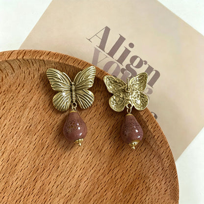 Butterfly Stud Earrings For Women In Brown With Natural Stone Inlay, Featuring 925 Sterling Silver Posts And Zinc Alloy Design