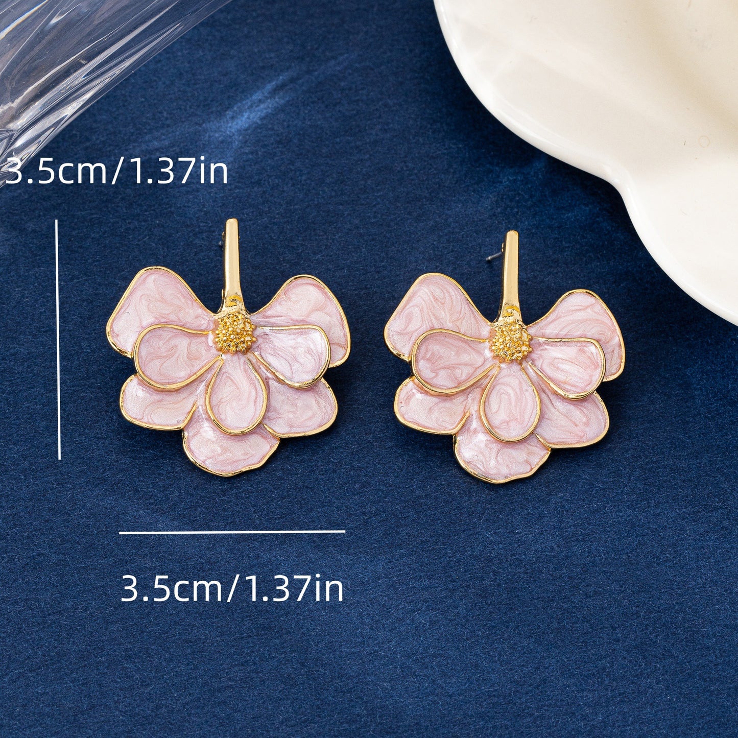 Natural Pink Flowers Earrings For Women Featuring Enamel Craft And Real Gold Plated Zinc Alloy Stud Earrings