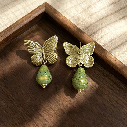 Butterfly Stud Earrings For Women In Brown With Natural Stone Inlay, Featuring 925 Sterling Silver Posts And Zinc Alloy Design
